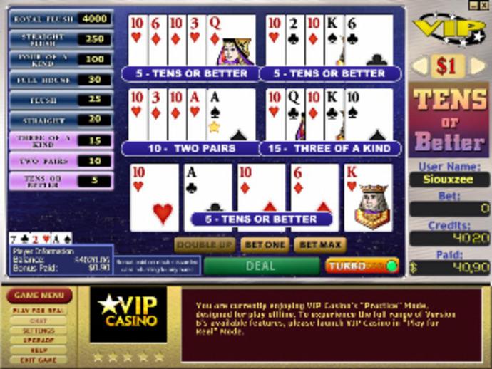 Tens or Better Bonus 5-Hand Video Poker Screenshot
