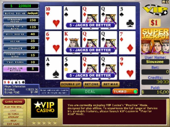 Bonus Super Jackpot $1 Progressive 3-Hand Video Poker Screenshot
