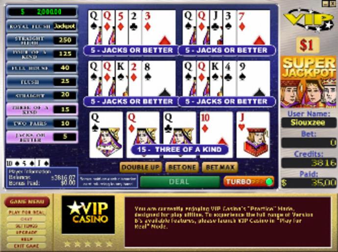 Bonus Super Jackpot 25¢ Progressive 5-Hand Video Poker Screenshot